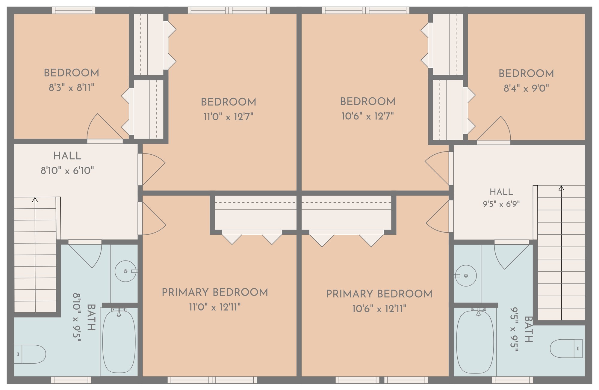 Upper level floor plan with room dimensions