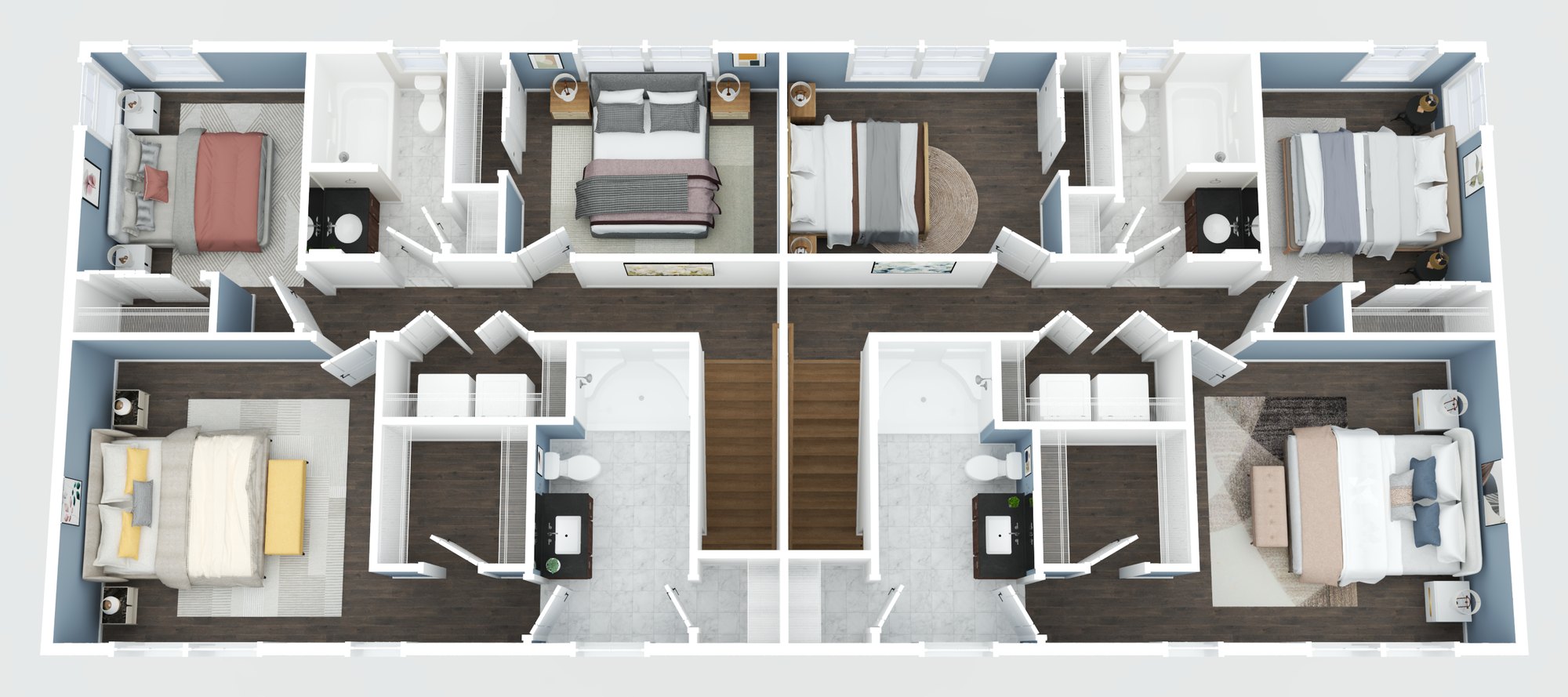 Main level: three-dimensional floor plan rendering of both residences