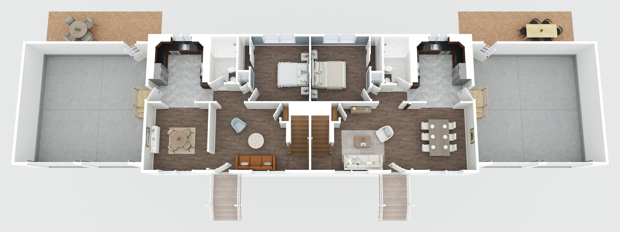 Upper level: three-dimensional floor plan rendering of both residences