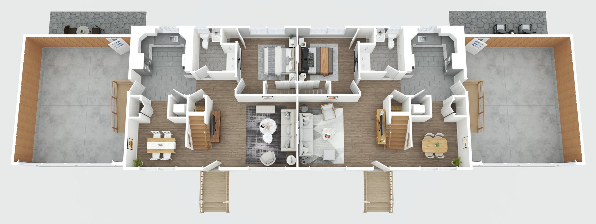 Main level: three-dimensional floor plan rendering of both residences