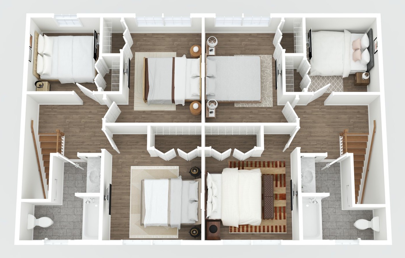 Upper level: three-dimensional floor plan rendering of both residences