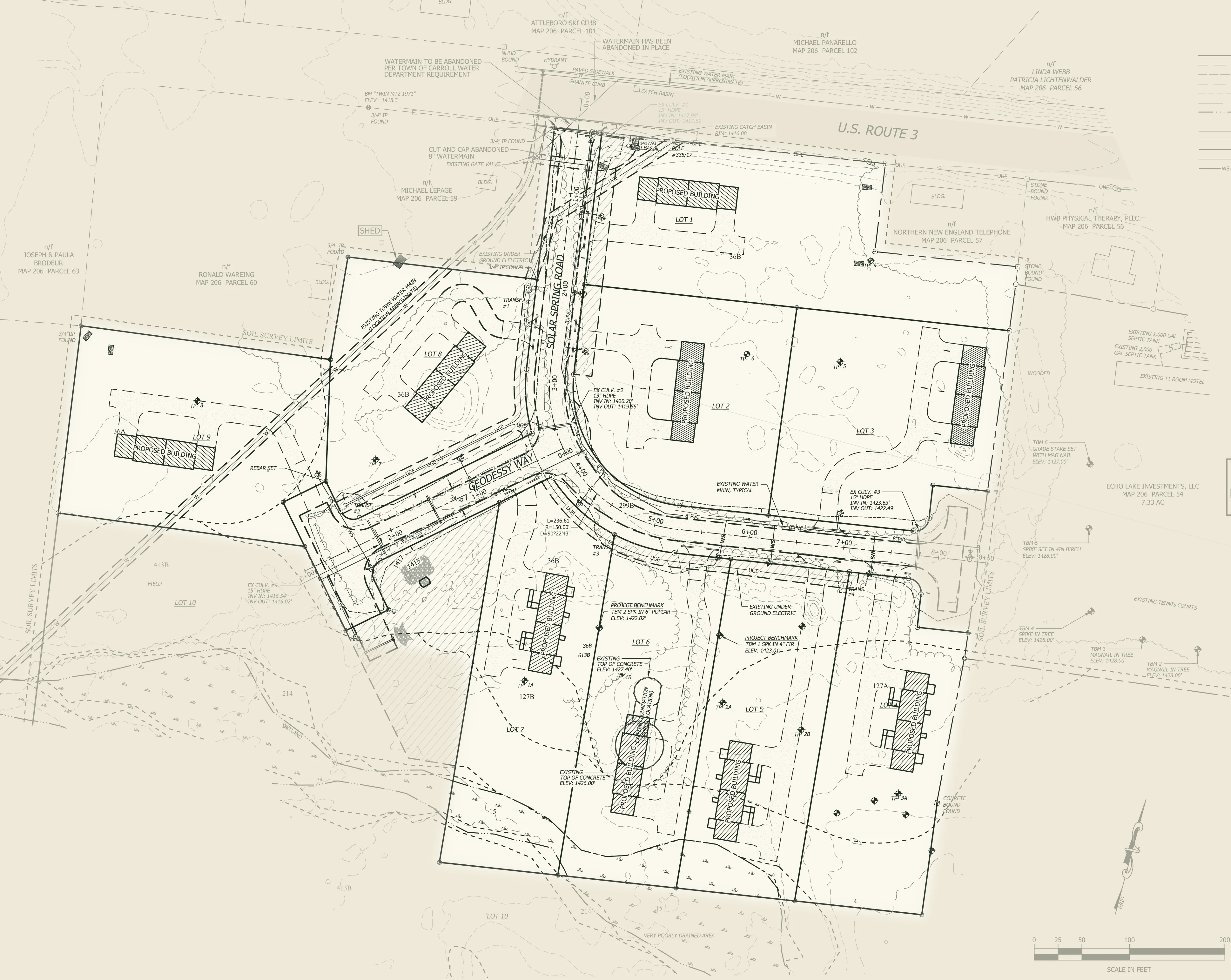 Engineered utilities plan of Echo Lake Subdivision Phase I, now Twin Peaks Village, by Horizons Engineering: nine numbered lots along Solar Spring Circle and Geodessy Way, south of US Route 3.